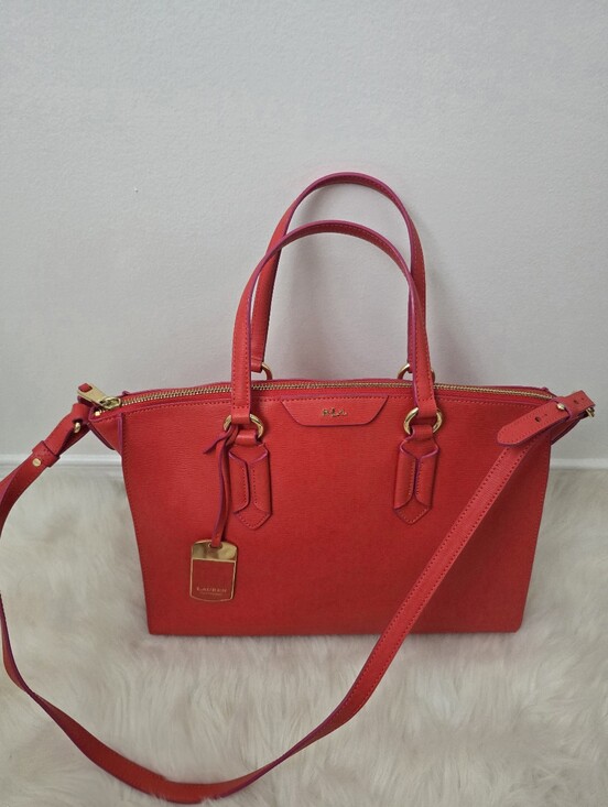 Lauren Ralph Lauren Handbags - Lauren Ralph Lauren Leather Satchel Crossbody Coral Red Gold Hardware